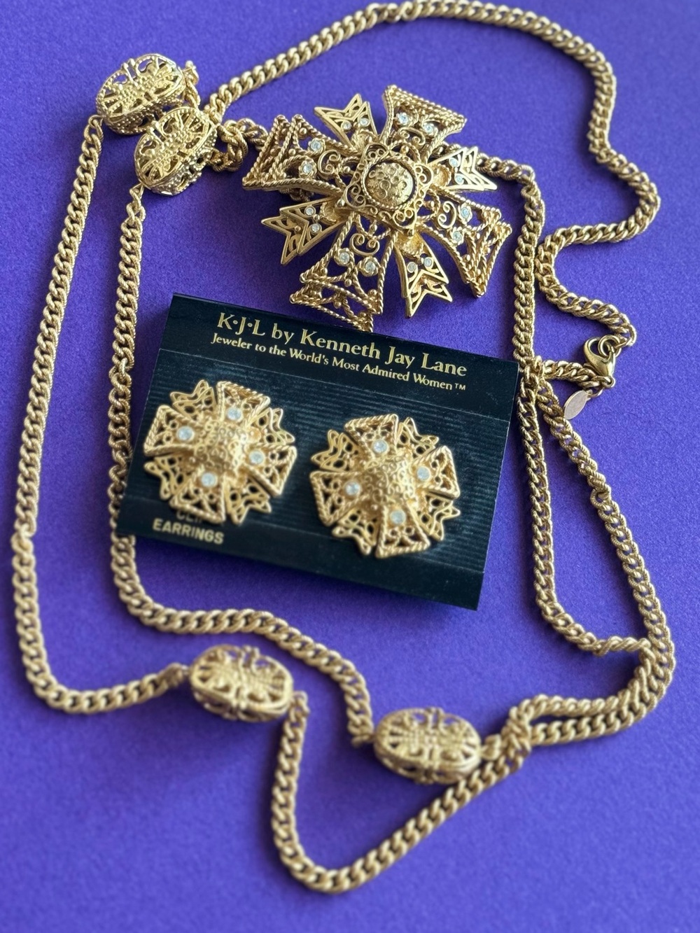Kenneth Jay Lane Gold Filigree Cross Necklace & Earrings Set